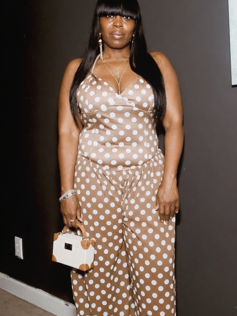 Polka Dot Brown Wide-Leg Jumpsuit - Picture 4 of 4